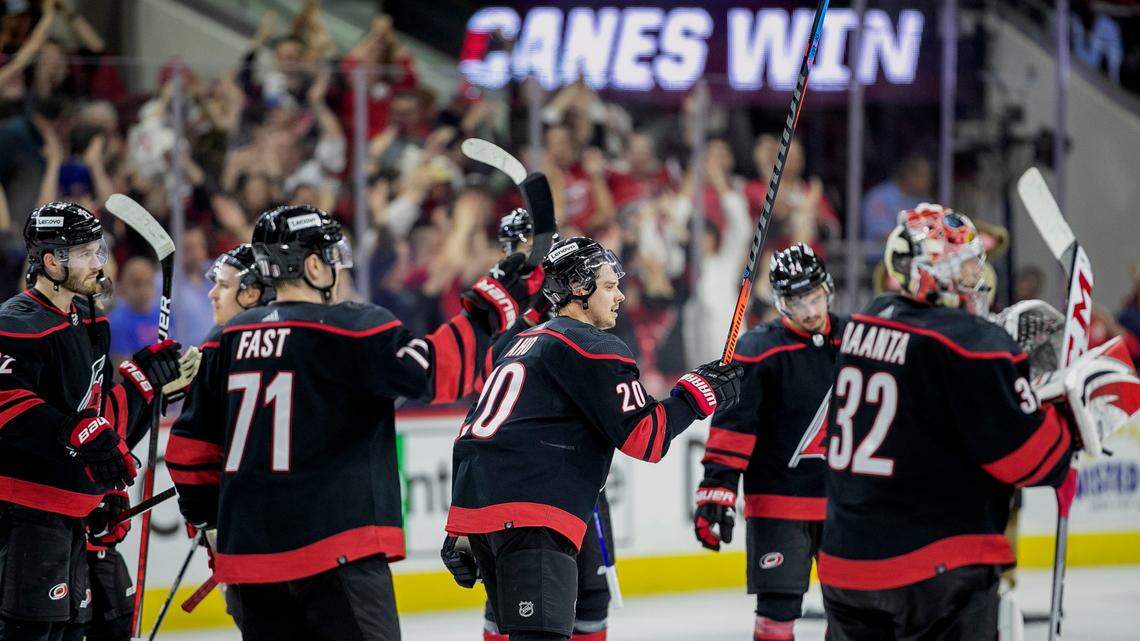 Carolina Hurricanesí Sebastian Aho (20) and his teammates celebrate their 2-0 victory over the New York Rangers on Friday, May 20, 2022 during game two of the Stanley Cup second round at PNC Arena in Raleigh, N.C.