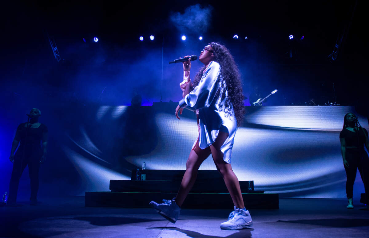 H.E.R. in concert at Raleigh, N.C.’s Red Hat Amphitheater, Friday night, June 24, 2021.