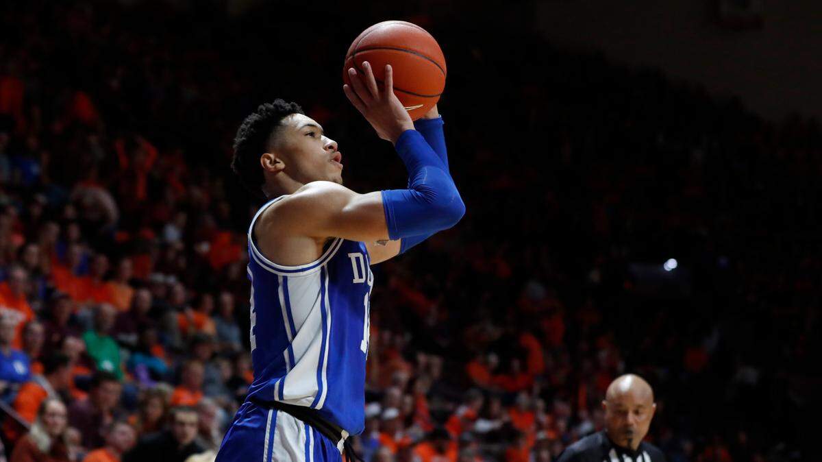 Duke’s Jordan Goldwire (14) shoots during the second half of Duke’s 77-63 victory over Virginia Tech at Cassell Coliseum in Blacksburg, VA. Friday, Dec. 6, 2019.