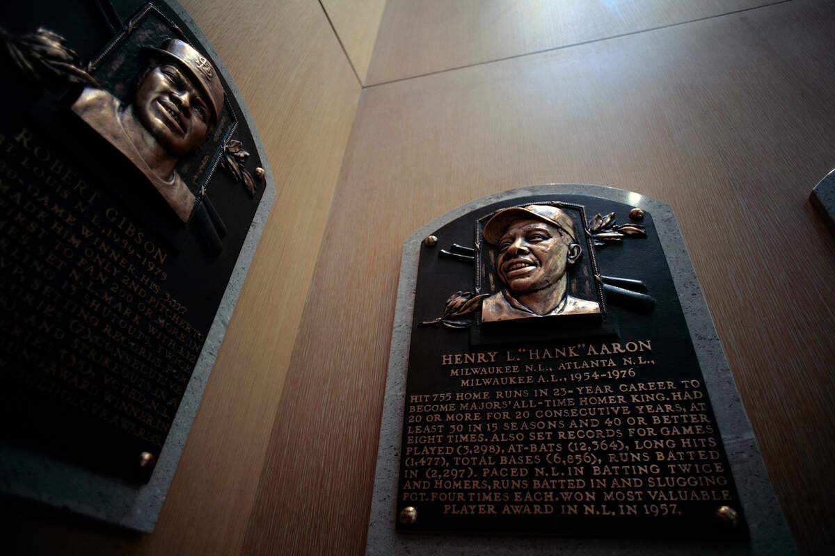 The plaque honoring Hank Aaron at the National Baseball Hall of Fame and Museum in Cooperstown, N.Y., on March 29, 2007. Aaron, who faced down racism as he eclipsed Babe Ruth as baseballÕs home run king, hitting 755 homers and holding the most celebrated record in sports for more than 30 years, has died. He was 86.