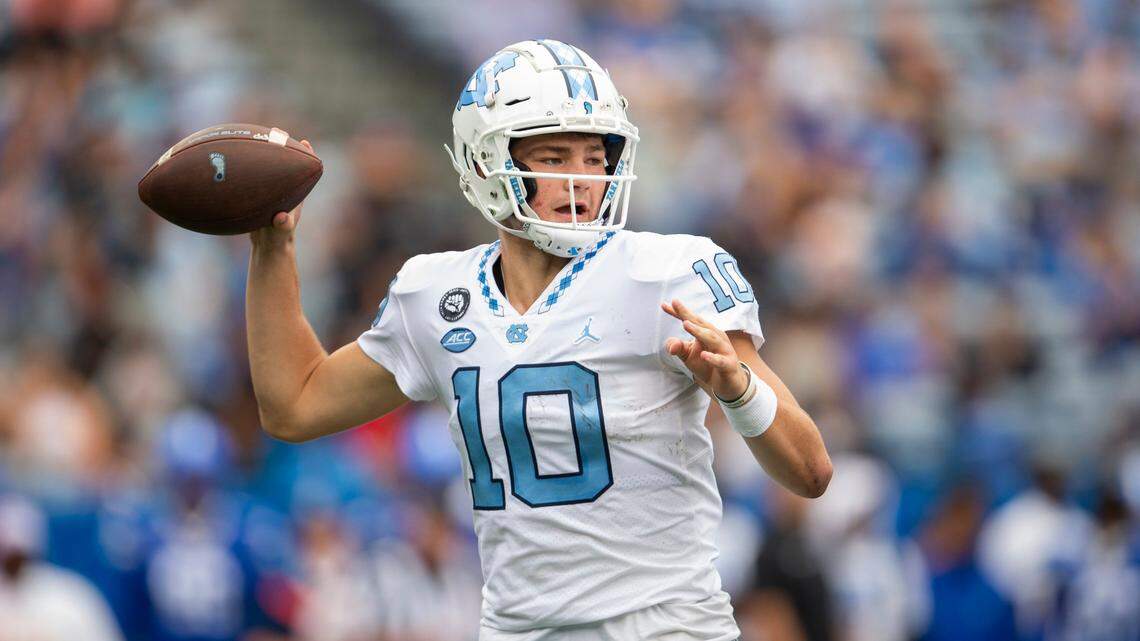 North Carolina quarterback Drake Maye throws in the first half of an NCAA college football game against Georgia State Saturday, Sept. 10, 2022, in Atlanta.