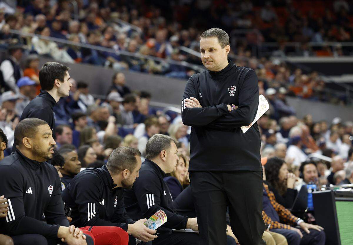 N.C. State head coach Will Wade reacts during the second half of the Wolfpack’s 83-73 loss to Auburn in the ACC/SEC Challenge on Wednesday, Dec. 3, 2025, at Neville Arena in Auburn, Ala. 