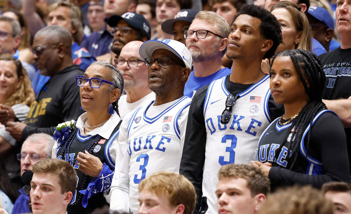 Duke’s Jeremy Roach’s family, from left, mother Carole, father Joe, brother Jordan and sister Chloe watch during the second half of UNC’s 84-79 victory over Duke at Cameron Indoor Stadium in Durham, N.C., Saturday, March 9, 2024.