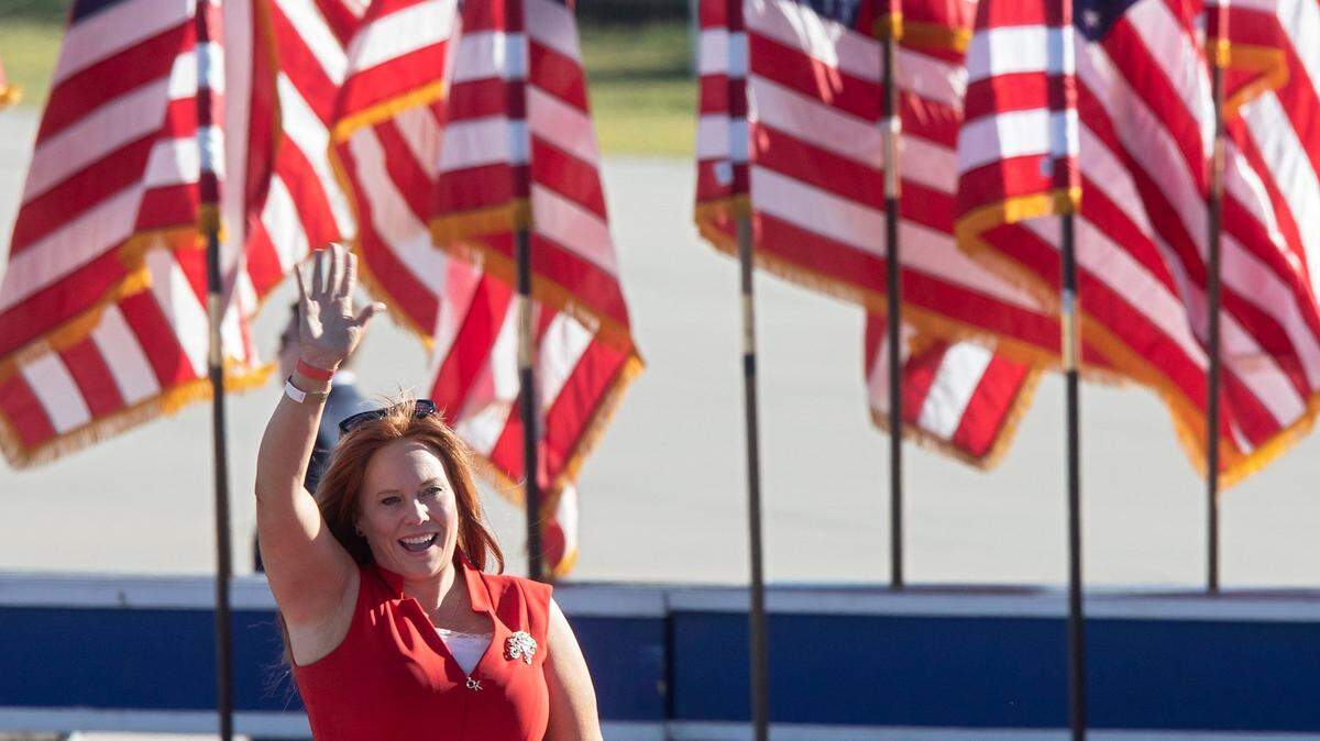 District 1 U.S. Rep. Sandy Smith greets the crowd prior to speaking at a rally featuring former president Donald Trump at Wilmington International Airport on Friday, Sept. 23, 2022.