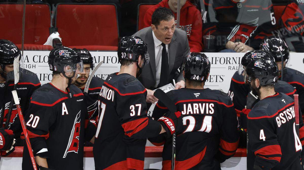 Carolina head coach Rod Brind'Amour talks to the team in the third period of the Canadiens’ 6-2 victory over the Hurricanes in game one of the Eastern Conference Finals at the Lenovo Center Thursday, May, 21, 2026.