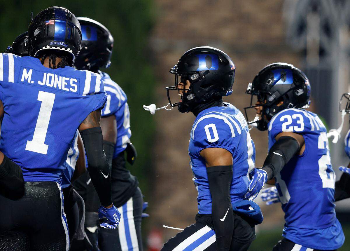 Duke’s Chandler Rivers (0) reacts following a defensive stop during the first half of the Blue Devils’ 24-3 win over N.C. State on Saturday, Oct. 14, 2023, at Wallace Wade Stadium in Durham, N.C.