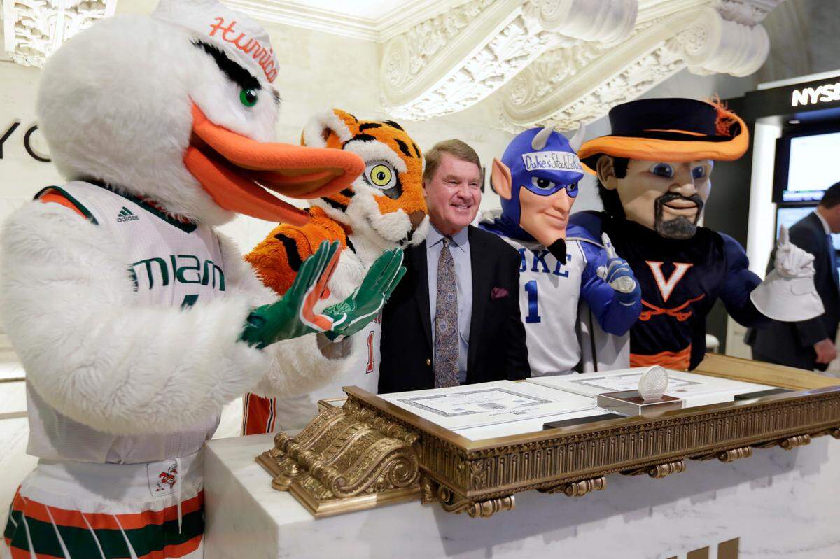 Atlantic Coast Conference Commissioner John Swofford and ACC mascots pose for photos on the floor of the New York Stock Exchange, during a visit Tuesday, March 6, 2018, to kick off and celebrate the New York Life ACC Tournament at the Barclay’s Center, in Brooklyn, N.Y. The mascots, from left, represent the University of Miami Hurricanes, Clemson University Tigers, Duke University Blue Devils, and the University of Virginia Cavaliers.