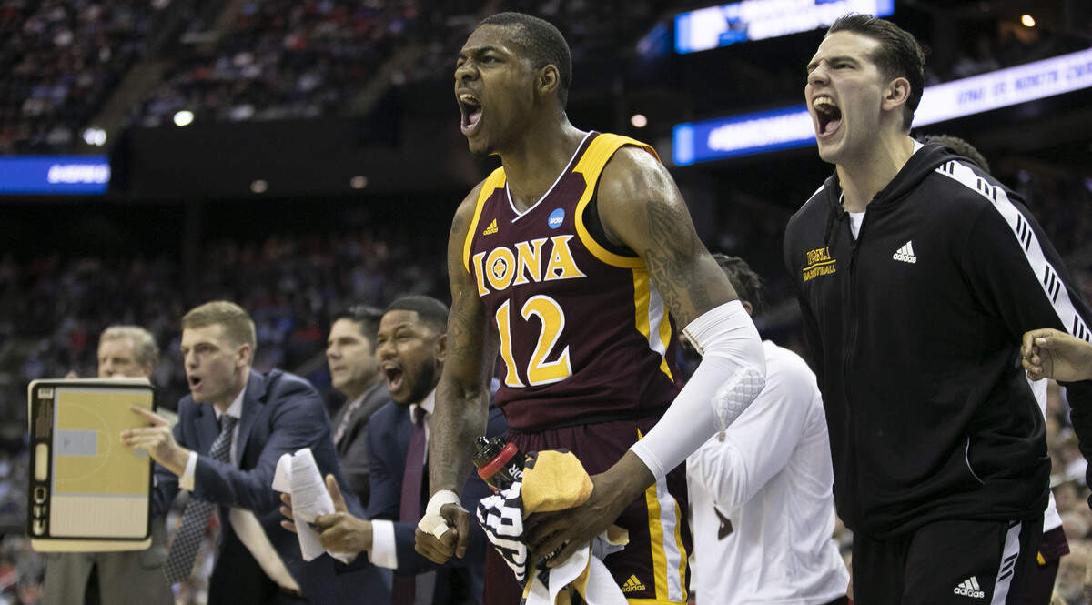 Iona’s Tajuan Agee (12) reacts as the Gaels take a five point lead over North Carolina during the first half on Friday, March 22, 2019 at Nationwide Arena in Columbus, Ohio.