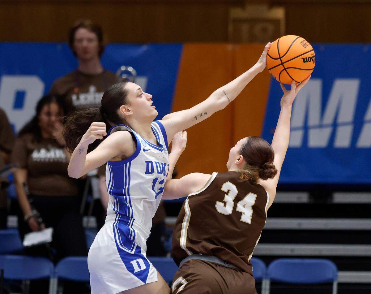 Duke’s Jordan Wood blocks a shot by Lehigh’s Lily Fandre during the second half of the Blue Devils’ 86-25 win in the first round of the NCAA Tournament on Friday, March 21, 2025, at Cameron Indoor Stadium in Durham, N.C.