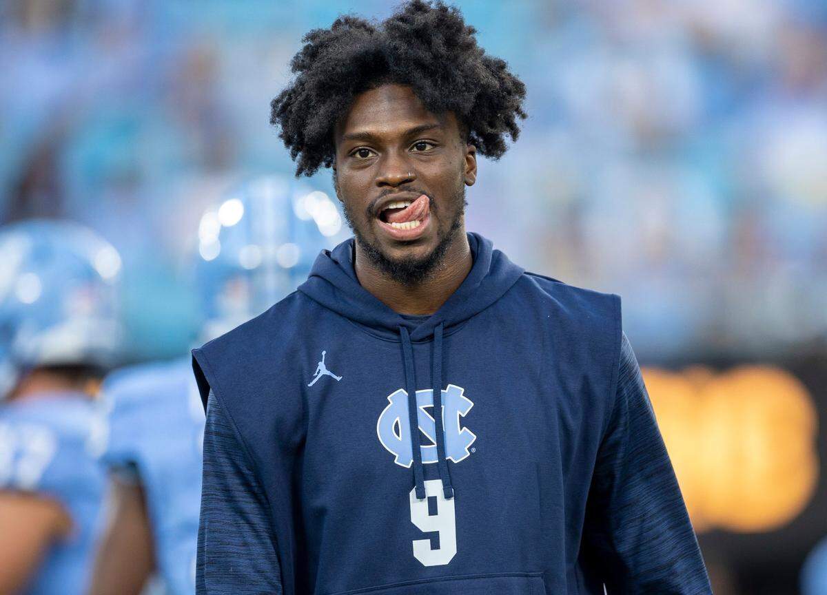 North Carolina wide receiver Devontez Walker (9), did not dress out for the Tar Heels’ game against South Carolina on Saturday September 2, 2023 at Bank of America Stadium in Charlotte, N.C.  Walker is appealing an NCAA ruling that declared him ineligible for the 2023 season. 