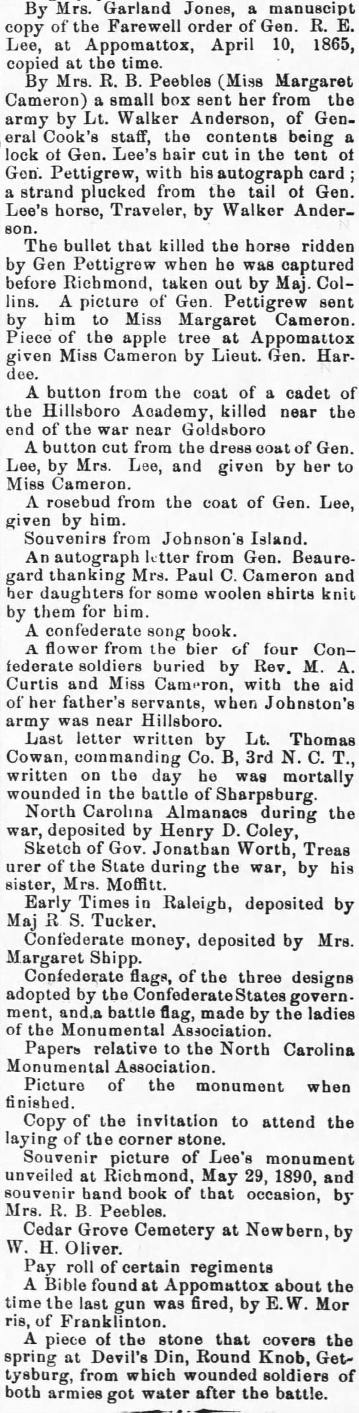 A newspaper clip from the Charlotte Democrat, dated May 25, 1894, lists the objects that were placed in the time capsule under the Confederate monument that was removed from the North Carolina State Capitol grounds. This is the second part.
