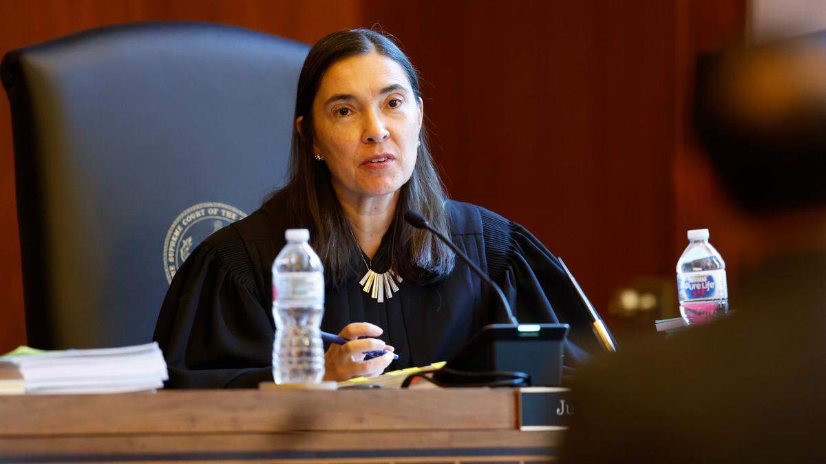 Associate Justice Anita Earls asks a question during oral arguments at the Supreme Court of North Carolina in Raleigh, N.C., Monday, May 9, 2022.