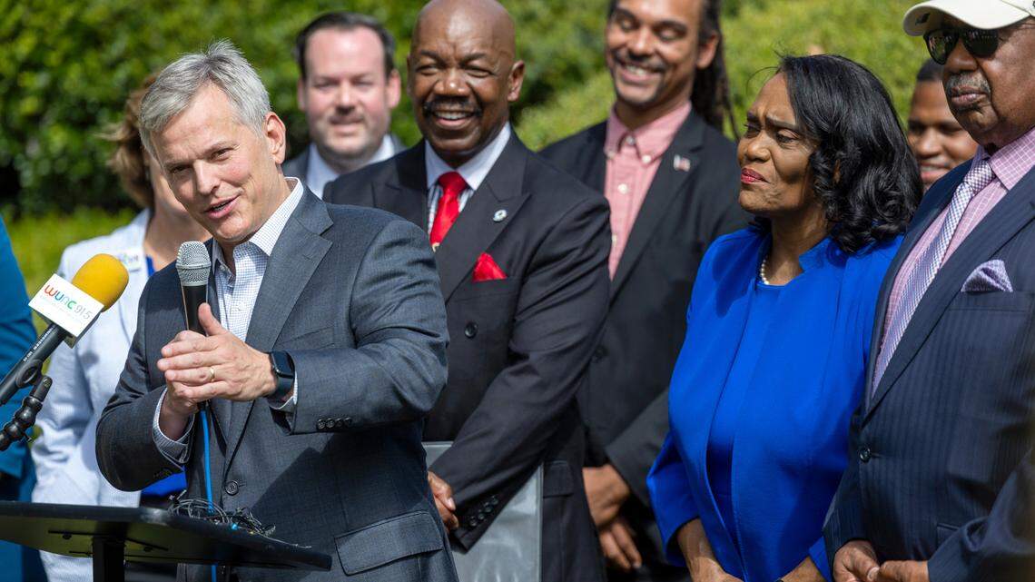 Democratic gubernatorial candidate, Attorney General Josh Stein, speaks during a press conference hosted by North Carolina Black political action committees outside the North Carolina General Assembly on Wednesday, Sept. 4, 2024. Political action committees including Simkins PAC, Durham Committee and Raleigh Wake Citizens endorsed a slate of statewide candidates made up entirely of Democrats.