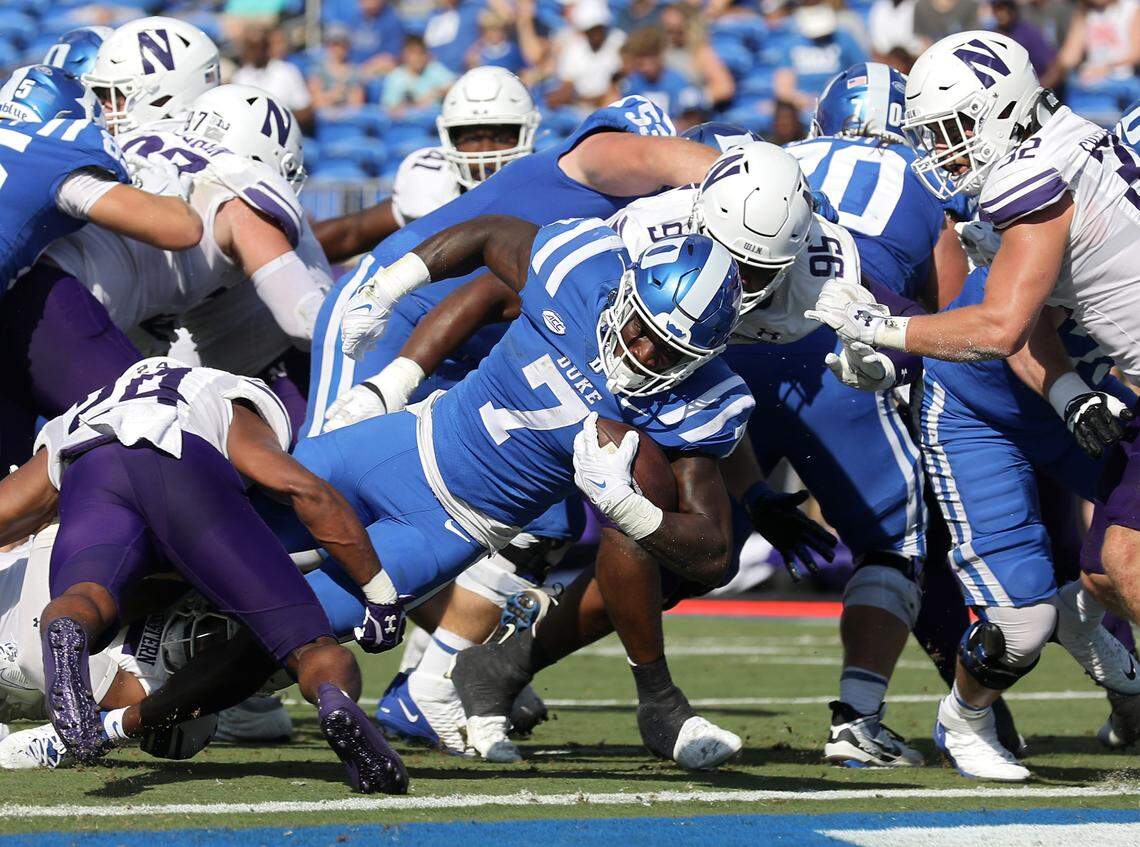 Duke’s Jordan Waters carries the ball into the end zone for a touchdown during the first half of the Blue Devils’ game against Northwestern on Saturday, Sept. 16, 2023, at Wallace Wade Stadium in Durham, N.C.