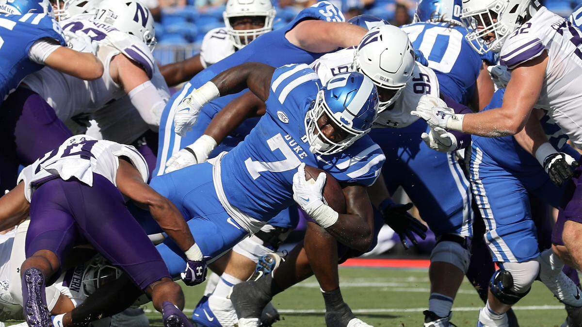 Duke’s Jordan Waters carries the ball into the end zone for a touchdown during the first half of the Blue Devils’ game against Northwestern on Saturday, Sept. 16, 2023, at Wallace Wade Stadium in Durham, N.C.