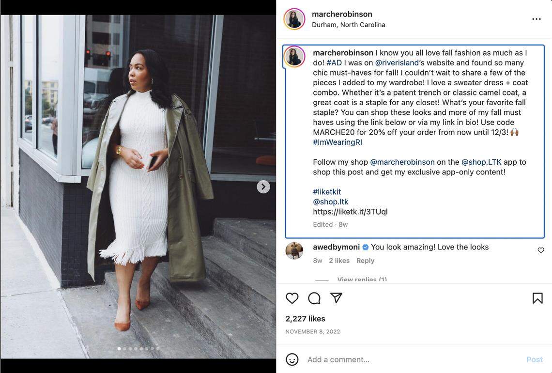 Marche Robinson, @marcherobinson on Instagram, posts on fashion, beauty, travel and interior design.
