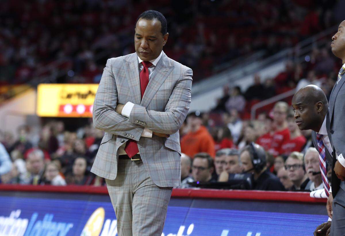 N.C. State head coach Kevin Keatts walks onto the floor as a timeout is called during the second half of Virginia Tech’s 47-24 victory over N.C. State at PNC Arena in Raleigh, N.C., Saturday, Feb. 2, 2019.