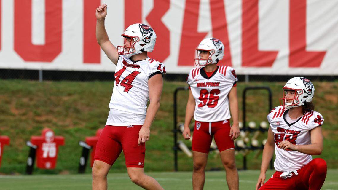 N.C. State’s Brayden Narveson (44) watches his kick during the Wolfpack’s first fall practice in Raleigh, N.C., Wednesday, August 2, 2023.