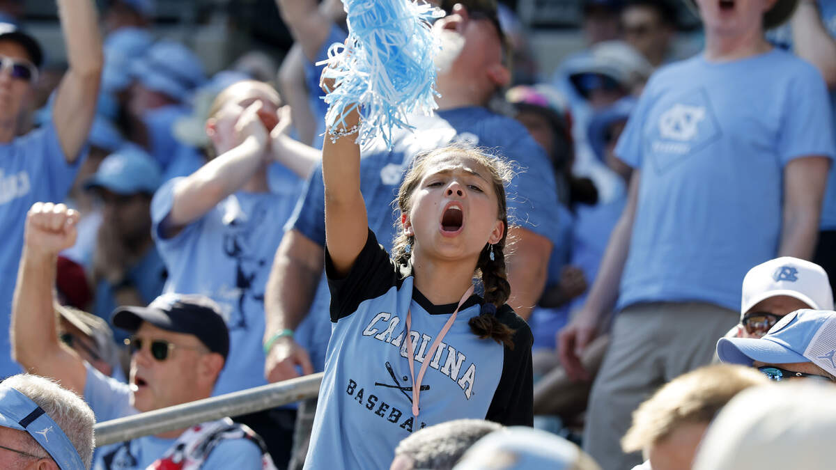 Fans cheer on the Tar Heels during UNC’s 4-0 victory over USC in the second game of the Chapel Hill Super Regional at Boshamer Stadium in Chapel Hill, N.C., Saturday, June 6, 2026.