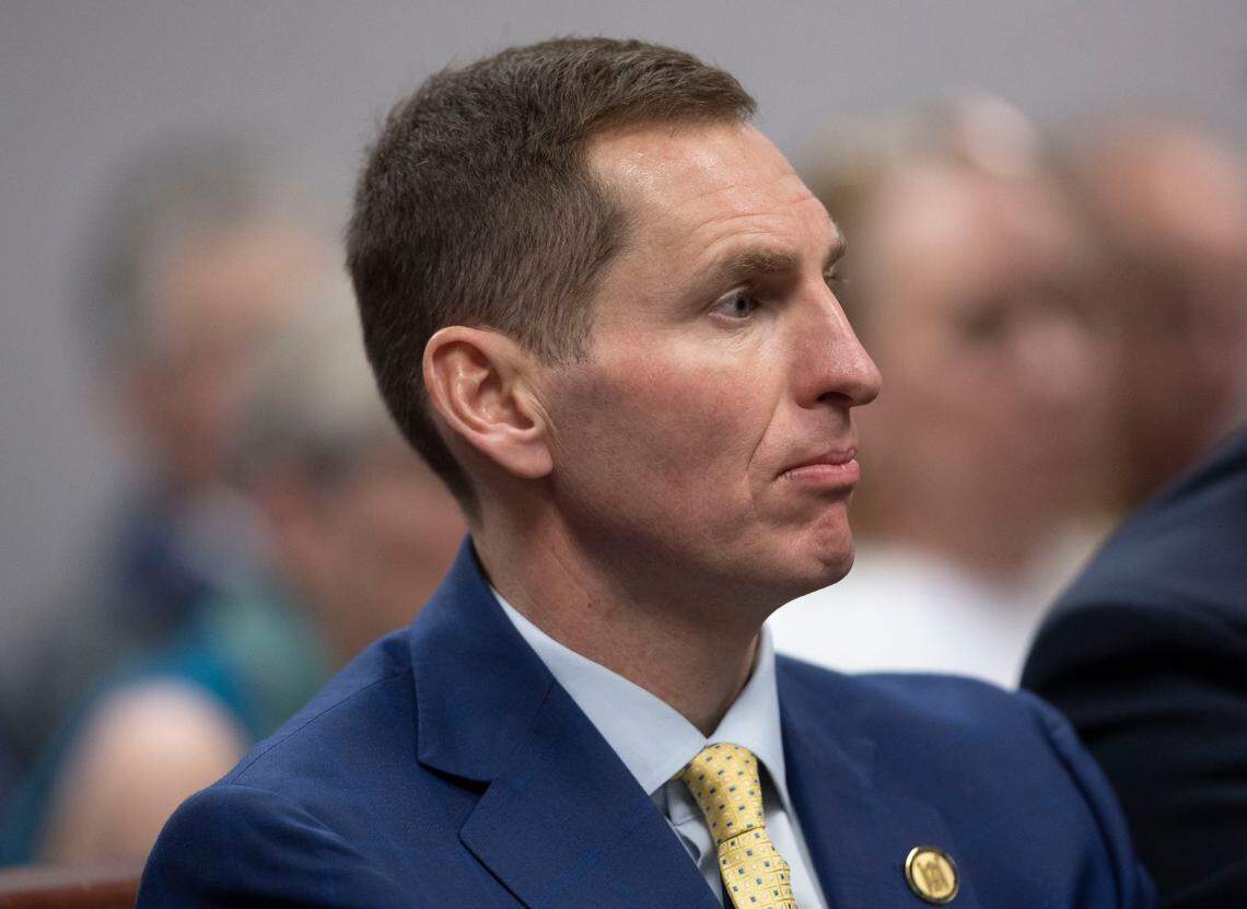 Judge Jefferson Griffin, the Republican candidate for the N.C. Supreme Court listens to testimony in Wake County Superior Court on Friday, February 7, 2025 in Raleigh, N.C. Griffin trails North Carolina Supreme Court Justice Allison Riggs by 734 votes following two recounts of the November 2024 election results. Griffin is attempting to have more than 65,000 ballots cast in the election thrown out. Attorneys for both parties appeared before Wake County Judge William Pittman.