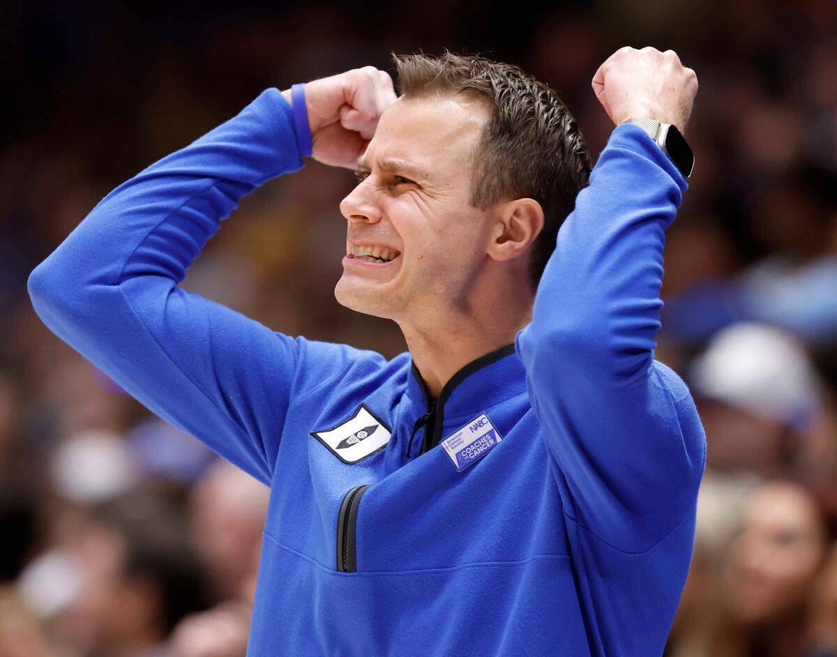 Duke head coach Jon Scheyer expresses his displeasure during the first half of Duke’s game against N.C. State at Cameron Indoor Stadium in Durham, N.C., Monday, Jan. 27, 2025.