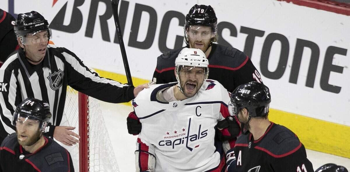 Washington Capital’s Alex Ovechkin (8) yells at Carolina Hurricanes captain Justin Williams (14) during the third period in game four of the first round Stanley Cup series game on Thursday, April 18, 2019 at the PNC Arena in Raleigh, N.C.