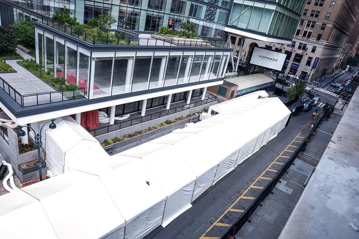 Multiple tented entrances are seen outside Madison Square Garden, the reported venue for the wedding celebrations of pop singer Taylor Swift and pro-athlete Travis Kelce, in New York City on July 3, 2026. Swift and Kelce's official wedding plans are tightly under wraps, but New York is bracing to host the celebrity marriage of the year this week at Madison Square Garden. The wedding will reportedly take place Friday with a star-studded guest list of around 1,000, including models Gigi Hadid and Cara Delevingne, singer Selena Gomez, and actress Zoe Kravitz -- all known to be close Swift pals -- and Kelce's Kansas City Chiefs teammates. (Photo by kena betancur / AFP via Getty Images)