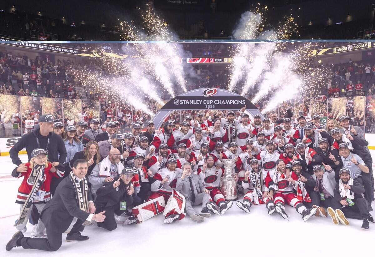 The 2026 Stanley Cup Champion Carolina Hurricanes, pose for a team photo following their 3-0 victory over Vegas in Game 6 on Sunday, June 14, 2026 at T-Mobile Arena in Las Vegas, NV.