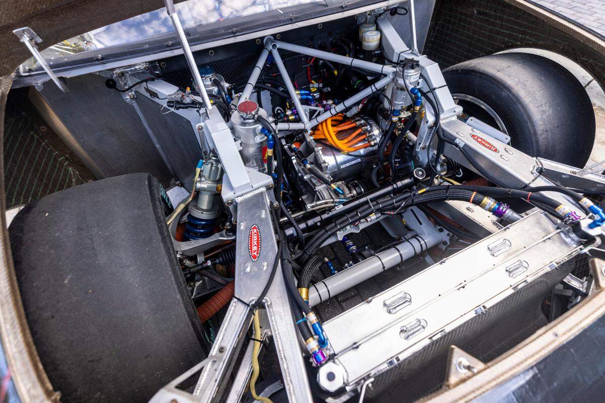 A view under the hood of a prototype electric race car on display at ABB in Cary on Wednesday, Dec. 18, 2024. The prototype was developed at NASCAR’s Research and Development Center in Concord by a team that included Chevrolet, Ford and Toyota.