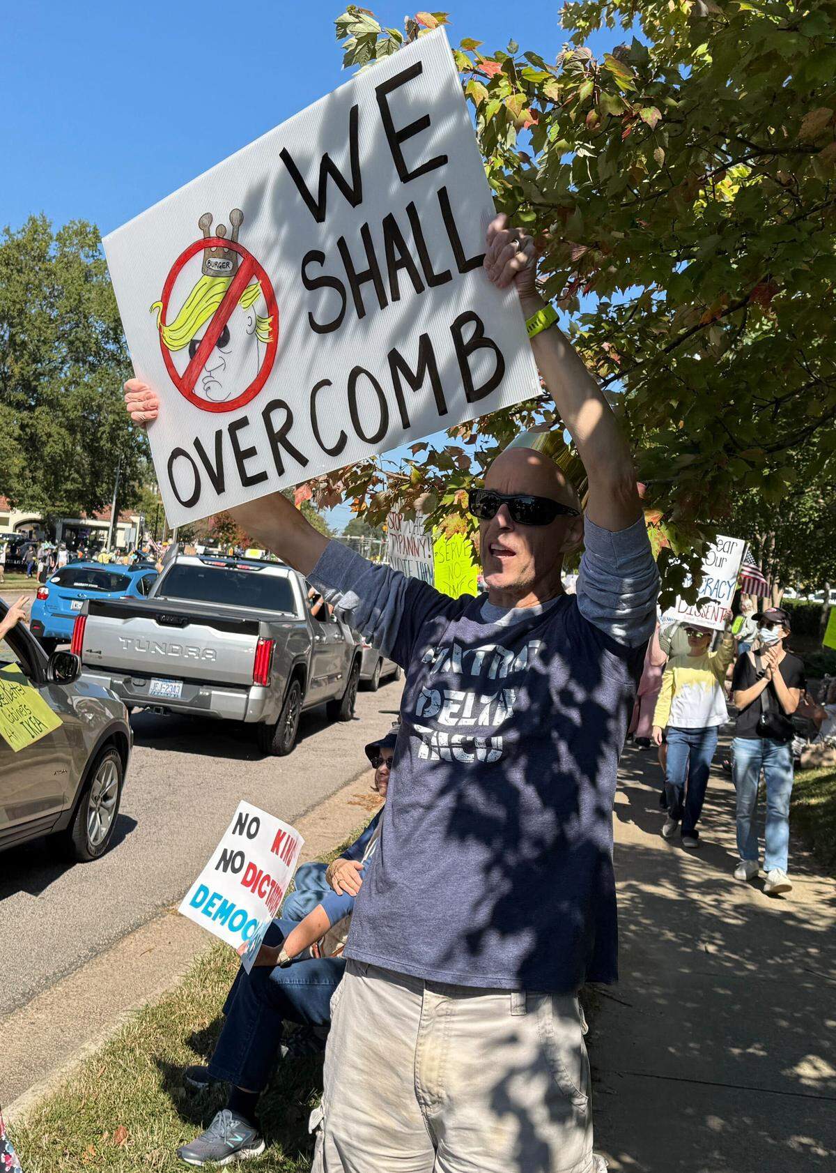 A No Kings protester in Cary.
