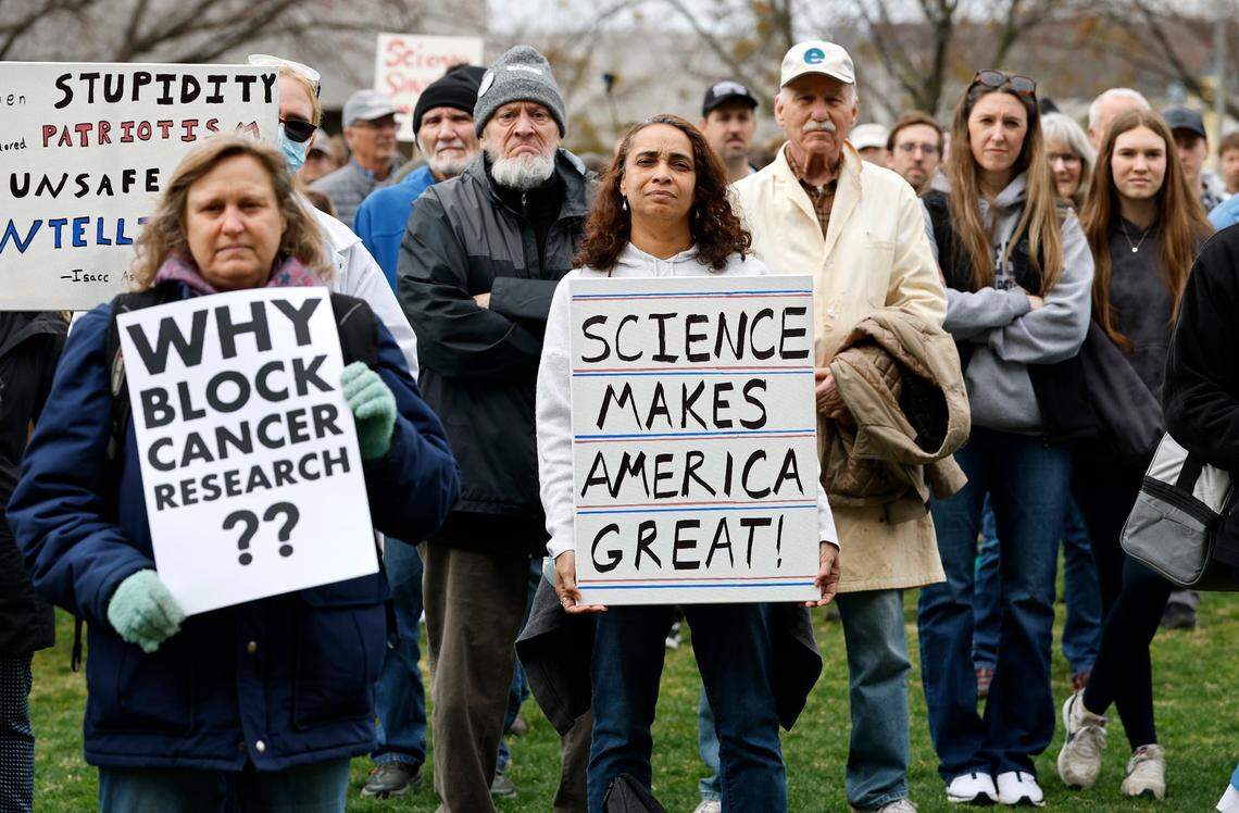 Hundreds attend the Stand Up for Science rally at Halifax Mall in Raleigh, N.C., Friday, March 7, 2025. The rally was one of over 30 rallies across the country to protest Pres. Donald Trump and Elon Musk’s cuts of scientific funding and what they consider anti-science orders.