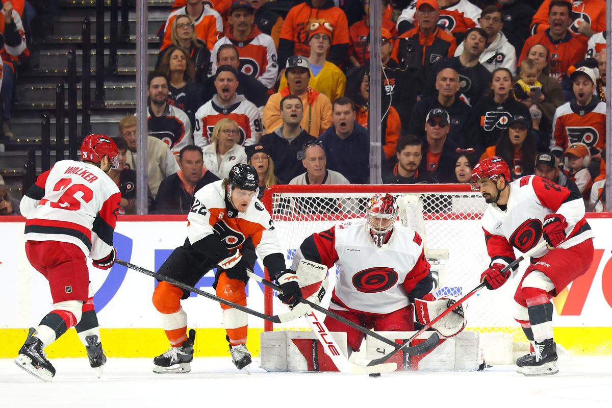 Carolina Hurricanes goalie Frederik Andersen tracks the puck against Christian Dvorak (22) of the Philadelphia Flyers during the first period of Game 4 of the teams’ second-round Stanley Cup Playoff game at Xfinity Mobile Arena on May 9, 2026 in Philadelphia, Pennsylvania.