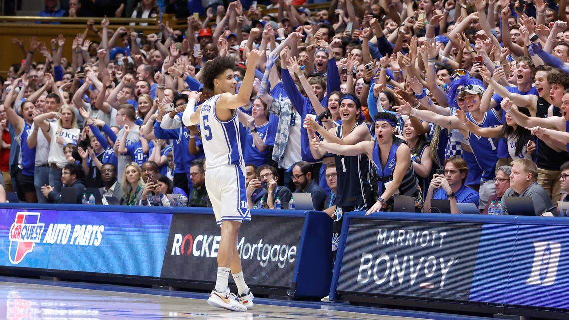 Duke’s Tyrese Proctor (5) celebrates with the Cameron Crazies in the final seconds of Duke’s 71-67 victory over N.C. State at Cameron Indoor Stadium in Durham, N.C., Tuesday, Feb. 28, 2023.