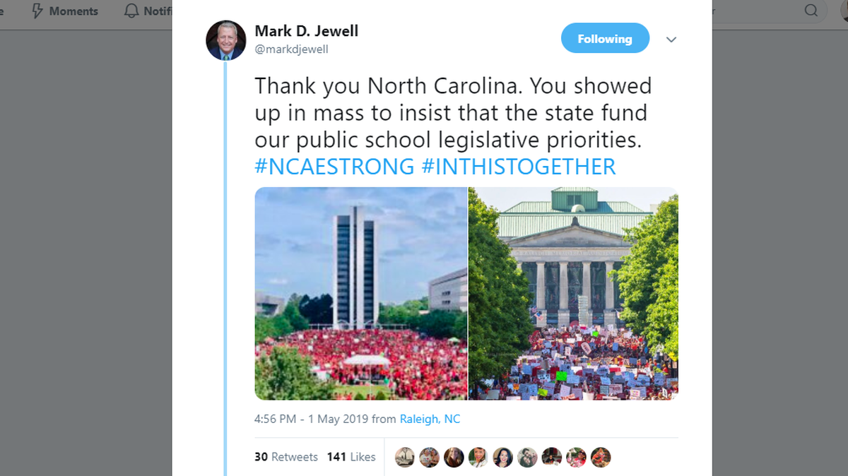 Tweet by NCAE President Mark Jewell on May 1, 2019