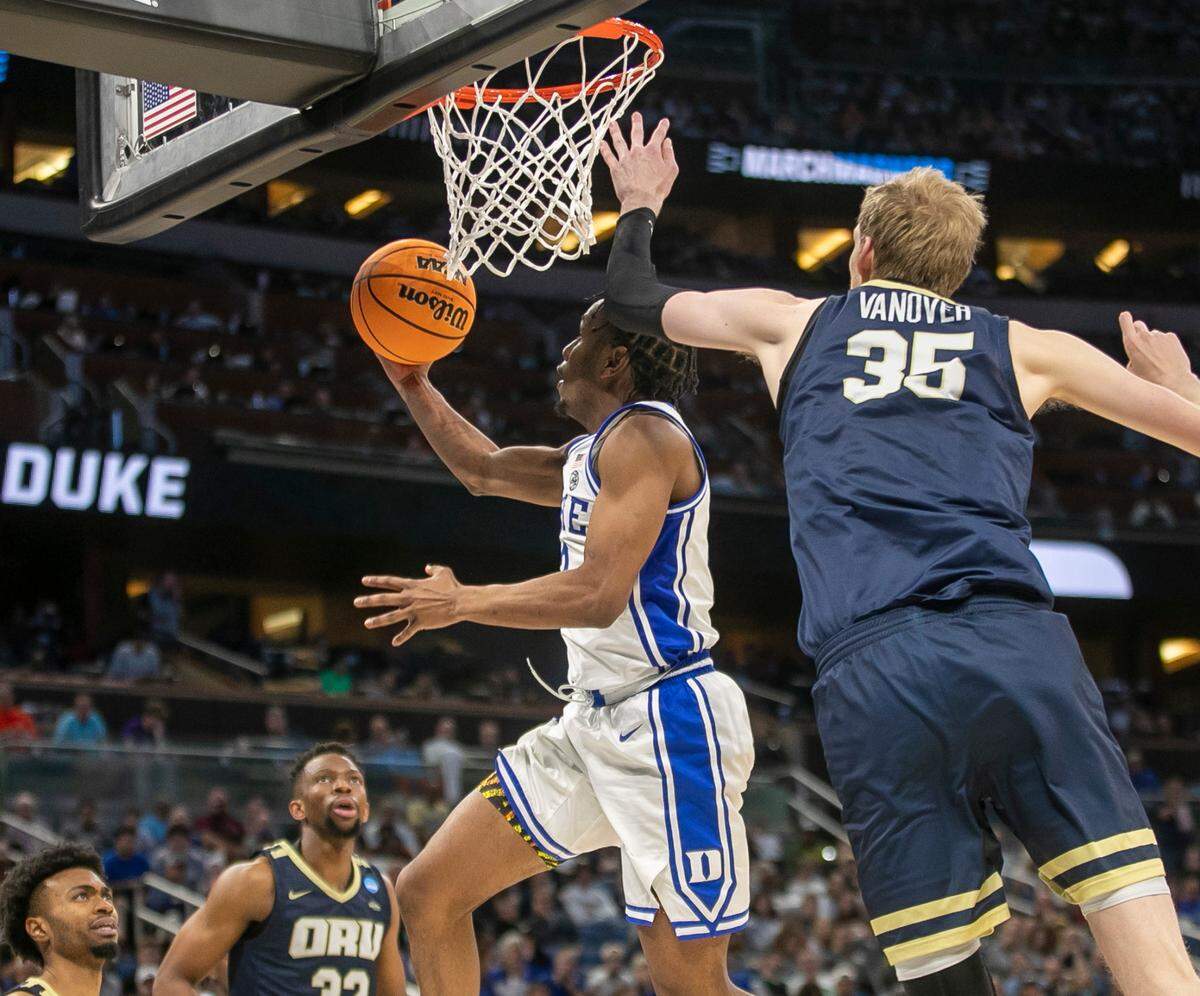 Duke’s Jeremy Roach (3) breaks to the basket against Oral Roberts’ Connor Vanover (35) in the second half during the first round of the NCAA Tournament on Thursday, March 16, 2023 at the Amway Center in Orlando, Fla. Roach lead all scores with 23 points in the Blue Devils’ 74-51 victory.