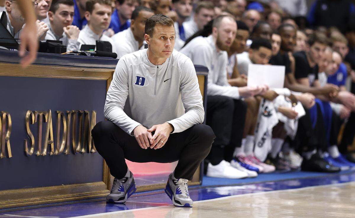 Duke head coach Jon Scheyer watches his team during the first half of Duke’s game against SMU at Cameron Indoor Stadium in Durham, N.C., Saturday, Jan. 10, 2026.