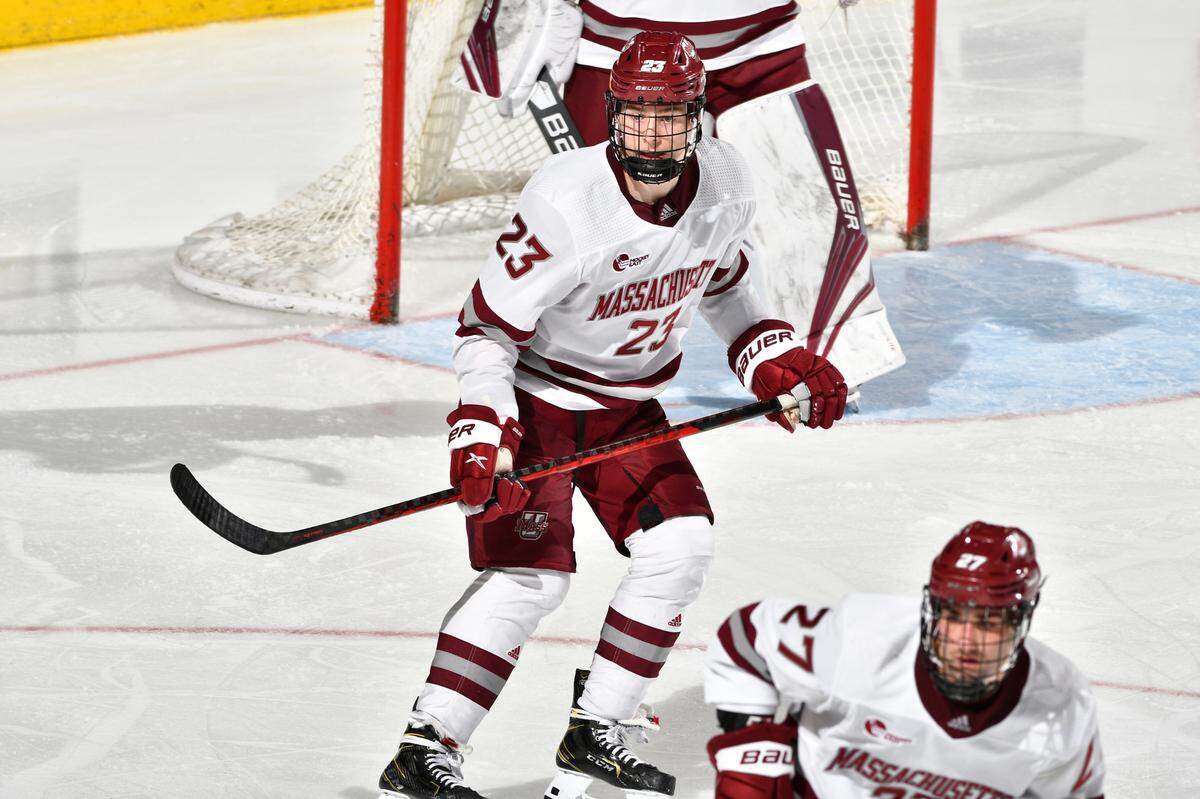 Scott Morrow (23) of the University of Massachusetts patrols the low slot in front of his goaltender in action earlier this season. Morrow is among 10 Hurricanes prospects playing in this year’s IIHF World Junior Championships.