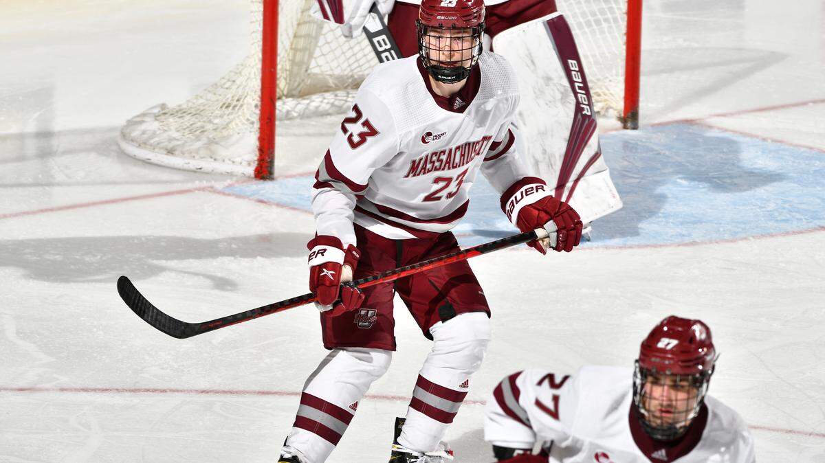 Scott Morrow (23) of the University of Massachusetts patrols the low slot in front of his goaltender in action earlier this season. Morrow is among 10 Hurricanes prospects playing in this year’s IIHF World Junior Championships.