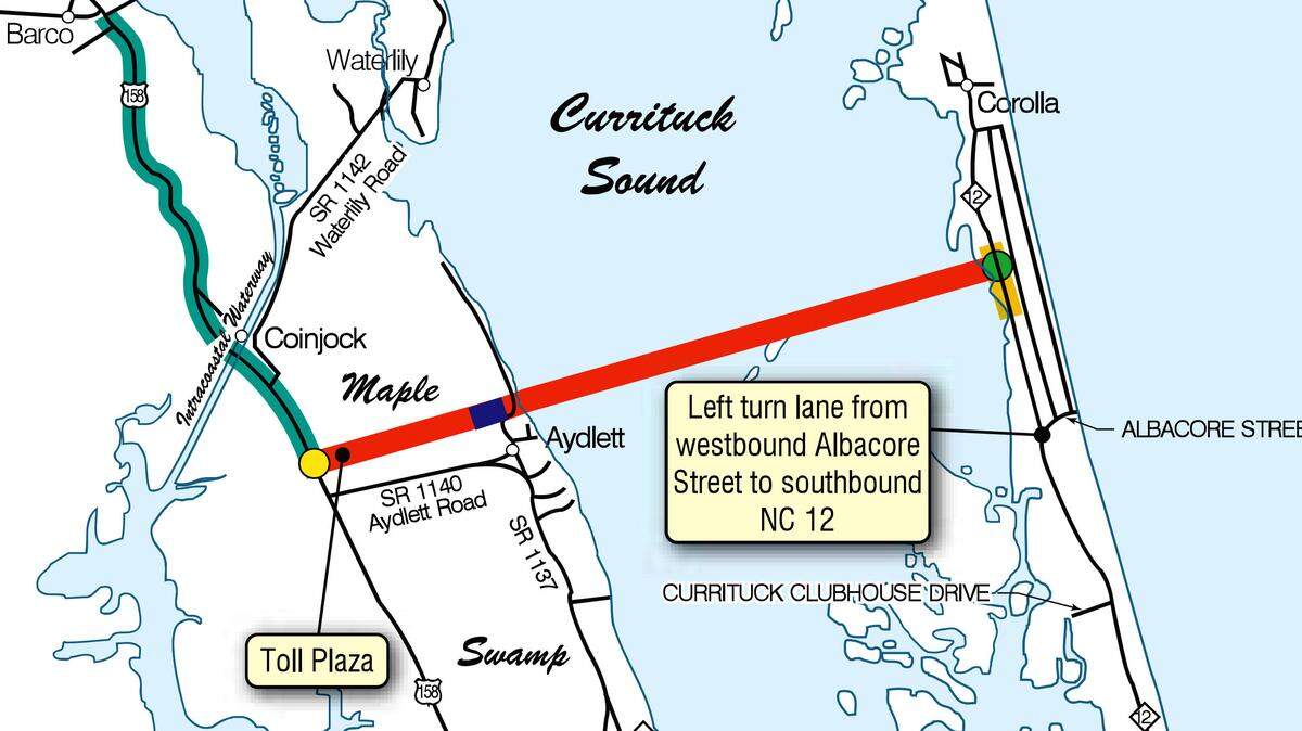 The Mid-Currituck Bridge would extend 4.7 miles across Currituck Sound to Corolla and would include a separate 1.5-mile bridge over Maple Swamp.