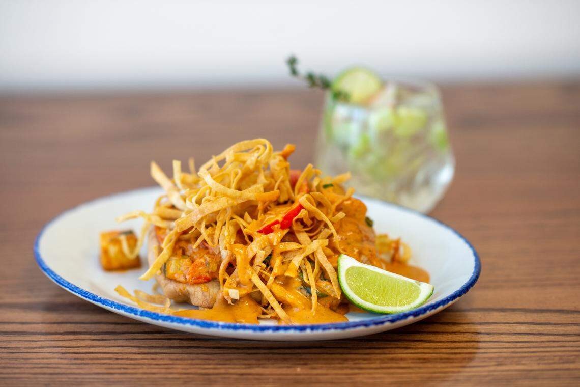 The Thai curry crepe at Simply Crepes is made with red Thai coconut and peanut curry, bell peppers, onion and bok choy and topped with crispy crepe strings.