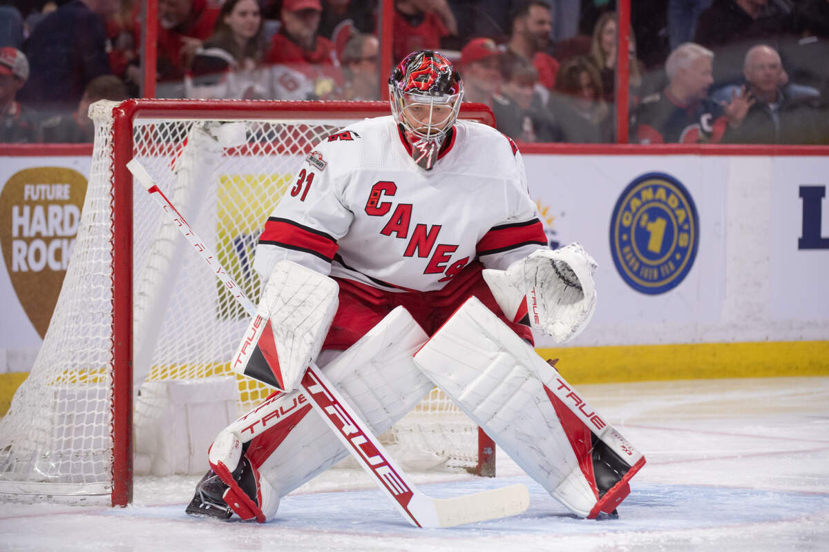 Carolina Hurricanes goalie Frederik Andersen (31) warms up prior to the start of game against the Ottawa Senators at the Canadian Tire Centre.