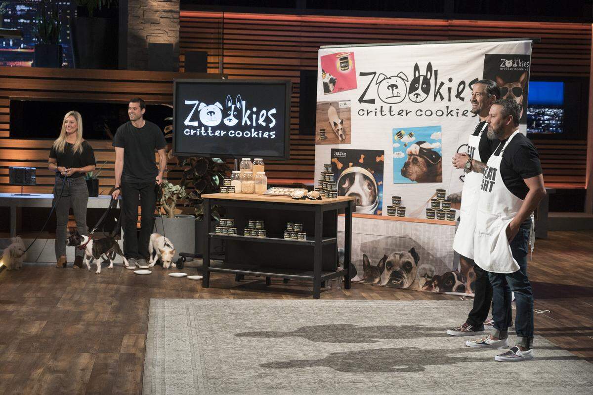 First into the Tank on the March 3 episode of “Shark Tank” are entrepreneurs from Raleigh who introduce their bake-at-home, all-natural dog treats. Justin Miller, left, and Tom Simon of Zookies Cookies are far right.
