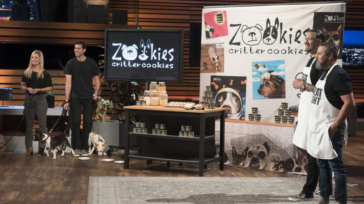 First into the Tank on the March 3 episode of “Shark Tank” are entrepreneurs from Raleigh who introduce their bake-at-home, all-natural dog treats. Justin Miller, left, and Tom Simon of Zookies Cookies are far right.
