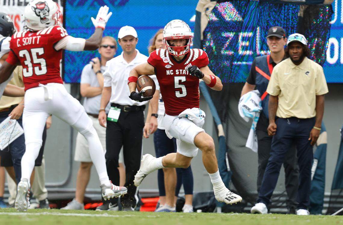 N.C. State’s Thayer Thomas (5) returns a punt 38-yards during the first half of N.C. State’s game against Charleston Southern at Carter-Finley Stadium in Raleigh, N.C., Saturday, Sept. 10, 2022.