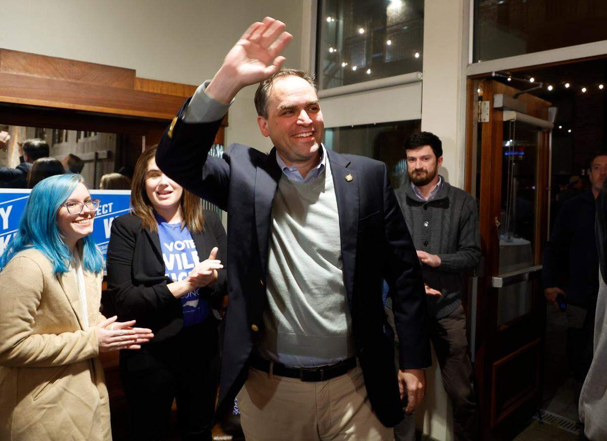 Wiley Nickel greets supporters at a campaign party at Sitti in Raleigh, N.C., Tuesday, Nov. 8, 2022.
