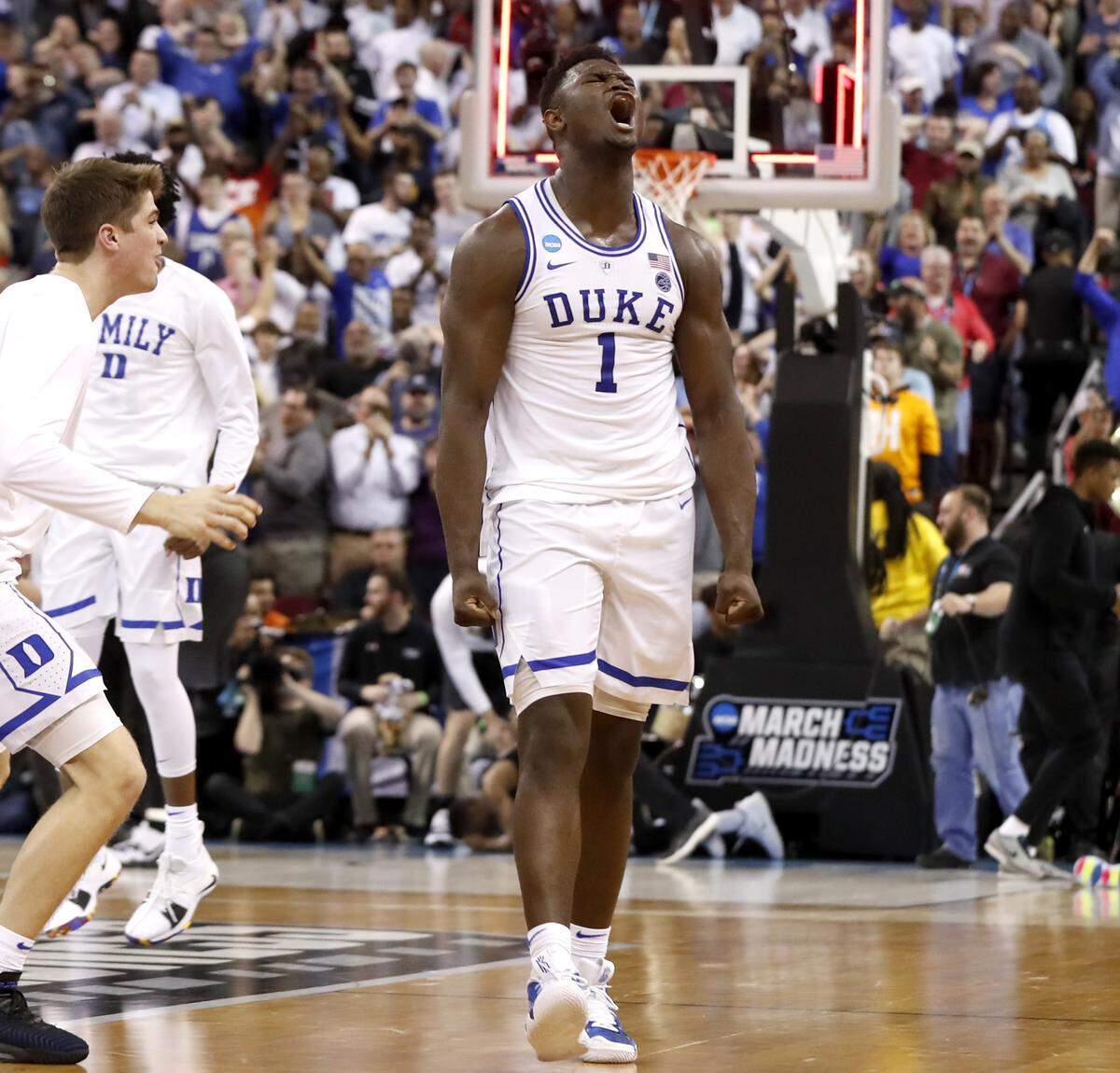 Duke’s Zion Williamson (1) celebrates after Duke’s 77-76 victory over UCF in the second round of the NCAA Men’s Basketball Championship in Columbia, S.C., Sunday, March 24, 2019.