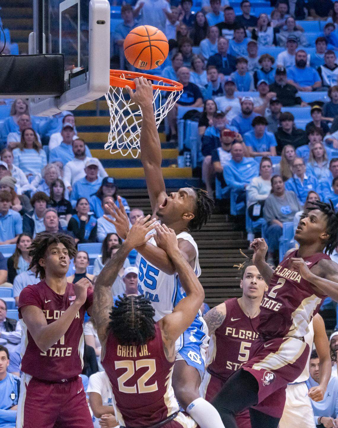 North Carolina’s Harrison Ingram (55) misses a follow-up shot on an offensive rebound in the second half against Florida State on Saturday, December 2, 2023 at the Smith Center in Chapel Hill, N.C.