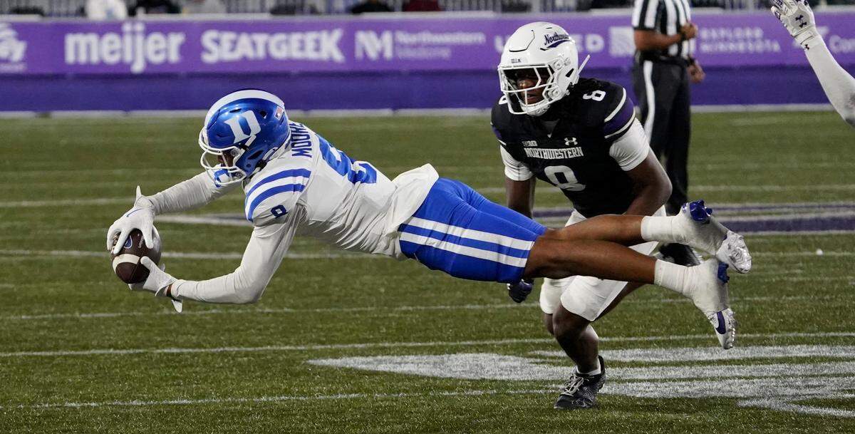 Duke Blue Devils wide receiver Jordan Moore (8) catches a pass during their victory over the Northwestern Wildcats at Lanny and Sharon Martin Stadium on Sept. 6, 2024.