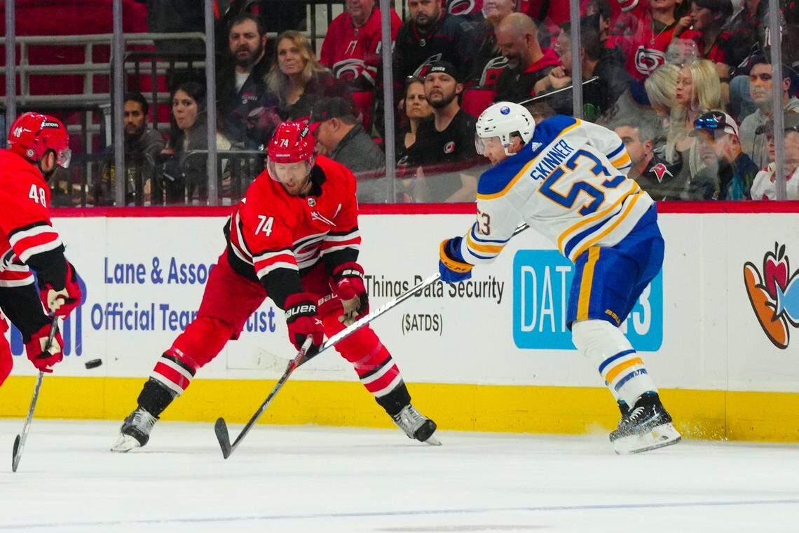 Buffalo Sabres left wing Jeff Skinner (53) takes a shot against Carolina Hurricanes defenseman Jaccob Slavin (74) during the second period at PNC Arena.