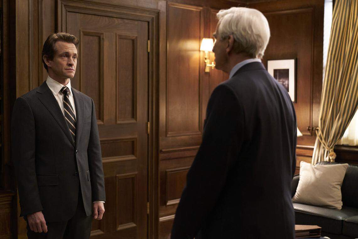 Hugh Dancy (left) as ADA Nolan Price and Sam Waterston as D.A. Jack McCoy in Season 21 of “Law & Order on NBC.